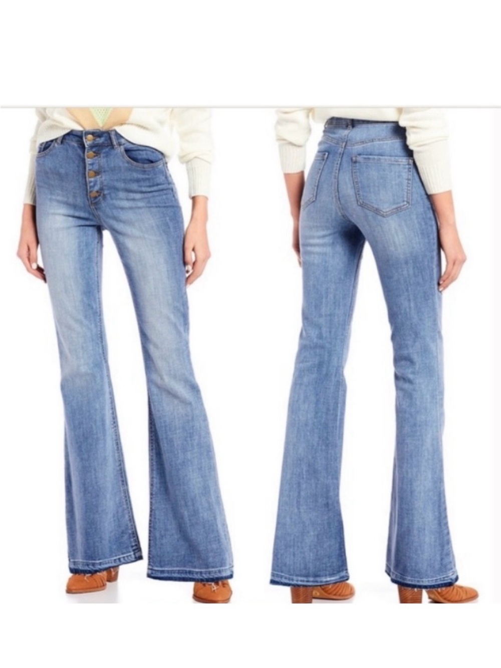 Gianni Bini Medium Light Blue Button-Front Flare Jeans